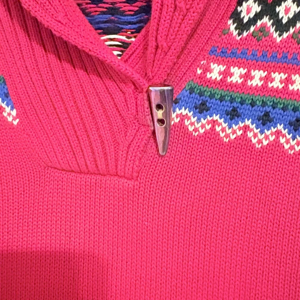 Lauren Ralph Lauren Red Fair Isle Shawl Neck Toggle Sweater L Cotton Mens